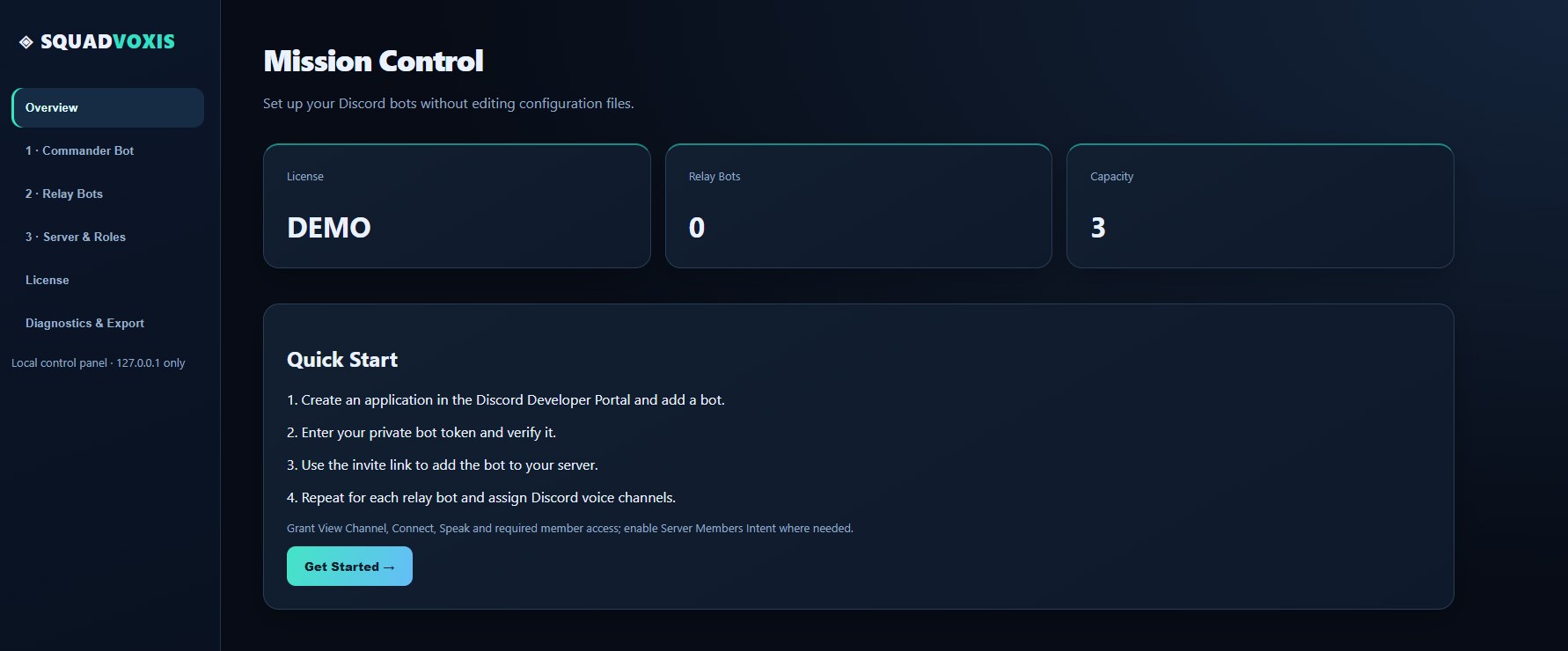 Actual preview of the SquadVoxis Mission Control desktop panel with relay management and guided setup